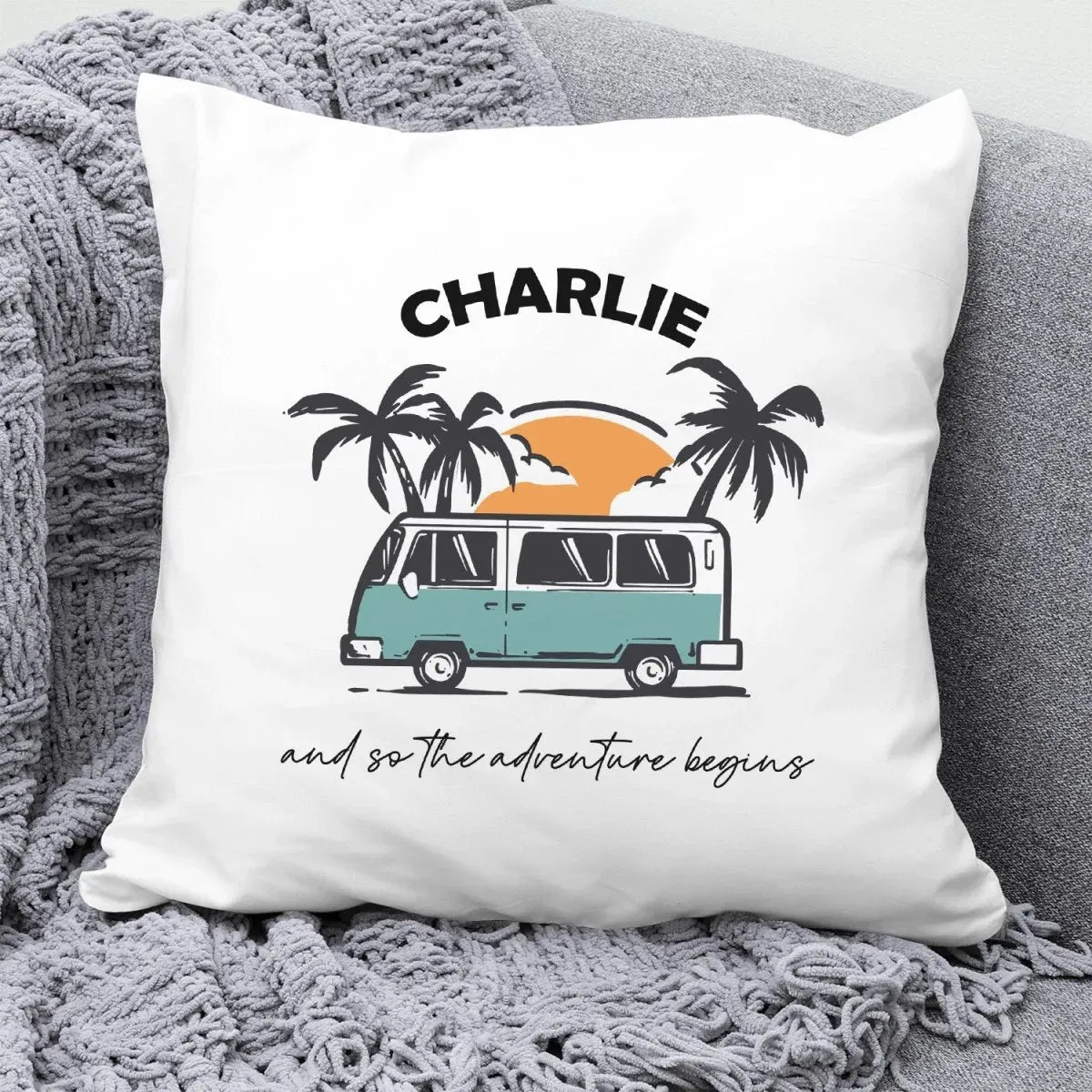 Customised Campervan Cushion - Adventure Awaits - Travel Enthusiast Gift